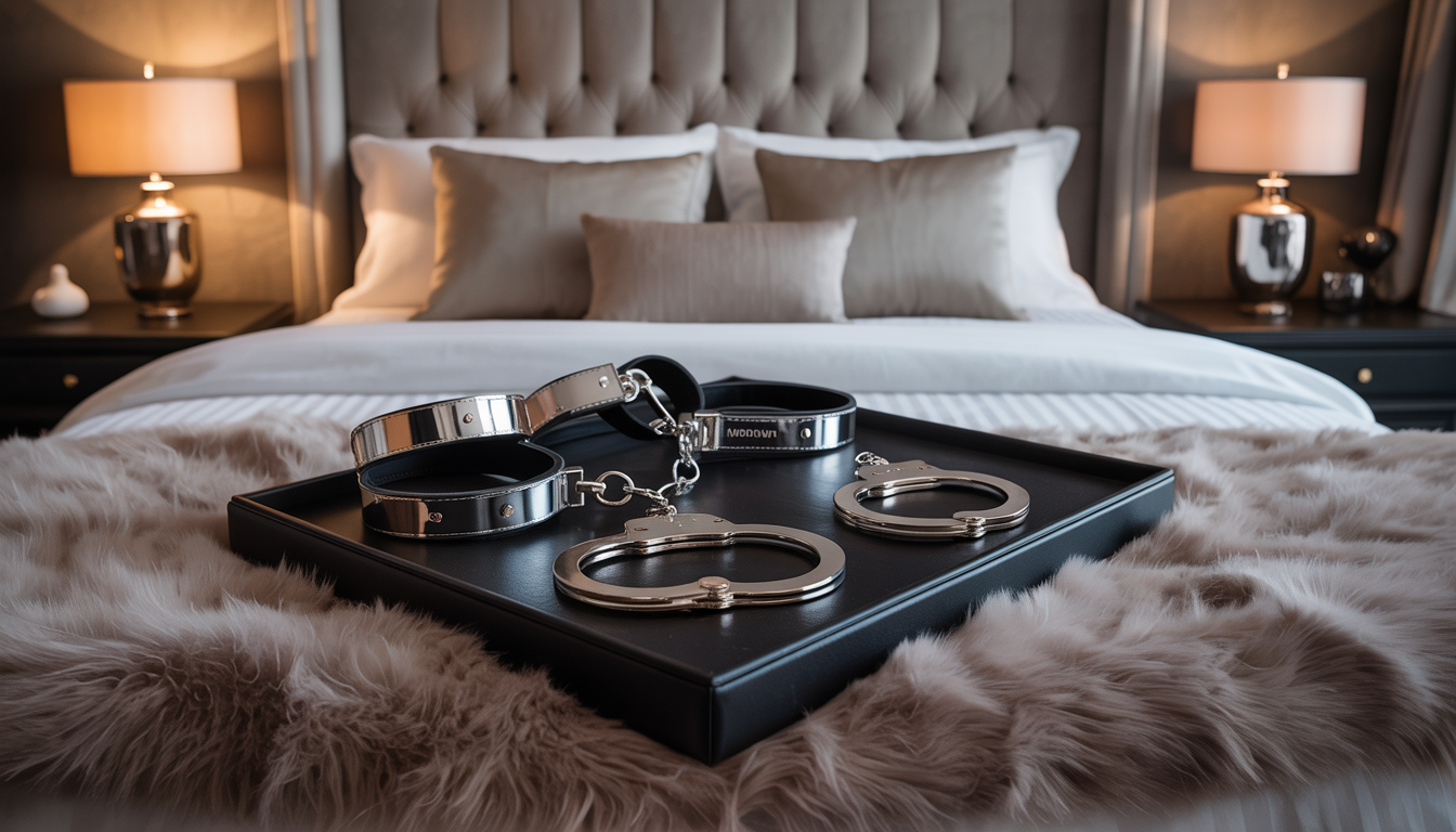 An upscale bedroom with a Motorbunny restraint kit on a bed, featuring wrist restraints, ankle cuffs, and handcuffs in a luxurious setting.