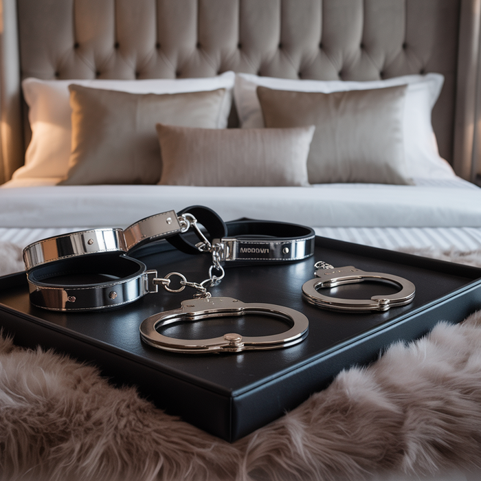 An upscale bedroom with a Motorbunny restraint kit on a bed, featuring wrist restraints, ankle cuffs, and handcuffs in a luxurious setting.