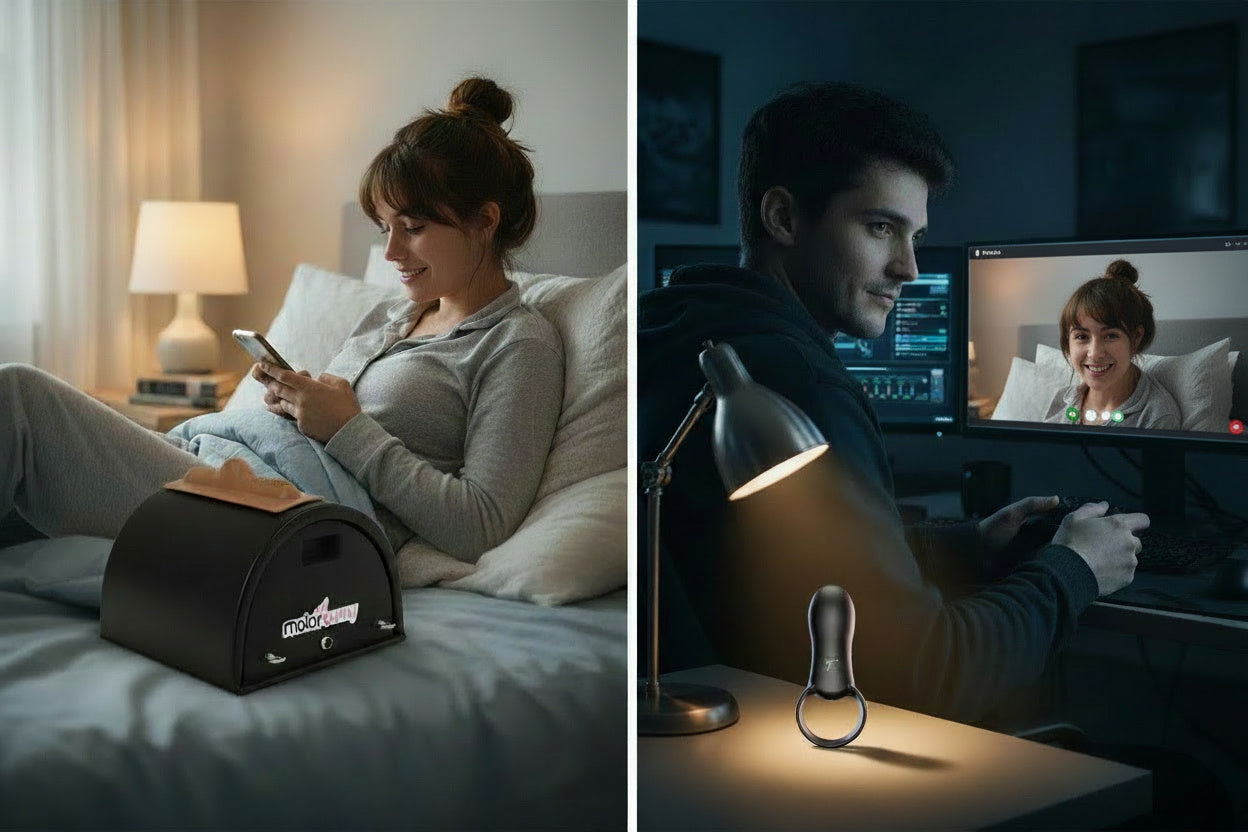 There's a woman on the left with a Motorbunny on the bed on a long distance call with her partner he has a Rock Hard Power Ring (Cock Ring on his desk)