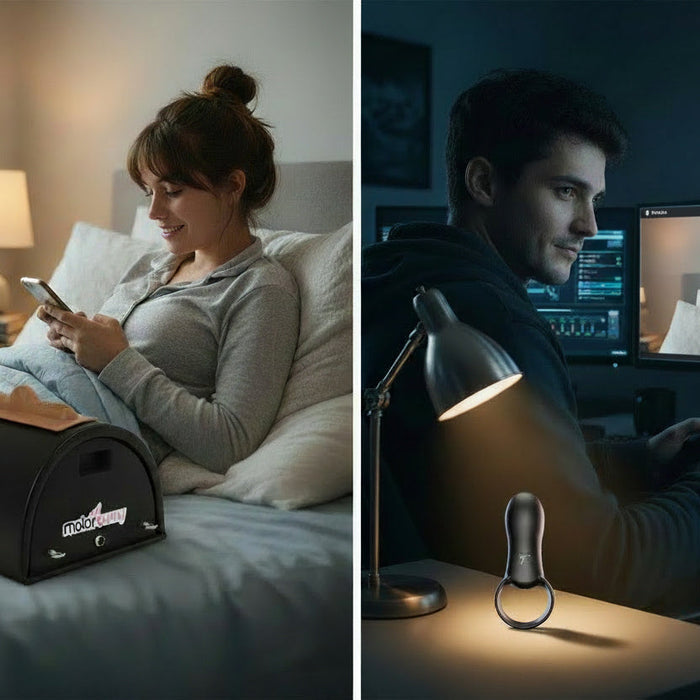 There's a woman on the left with a Motorbunny on the bed on a long distance call with her partner he has a Rock Hard Power Ring (Cock Ring on his desk)